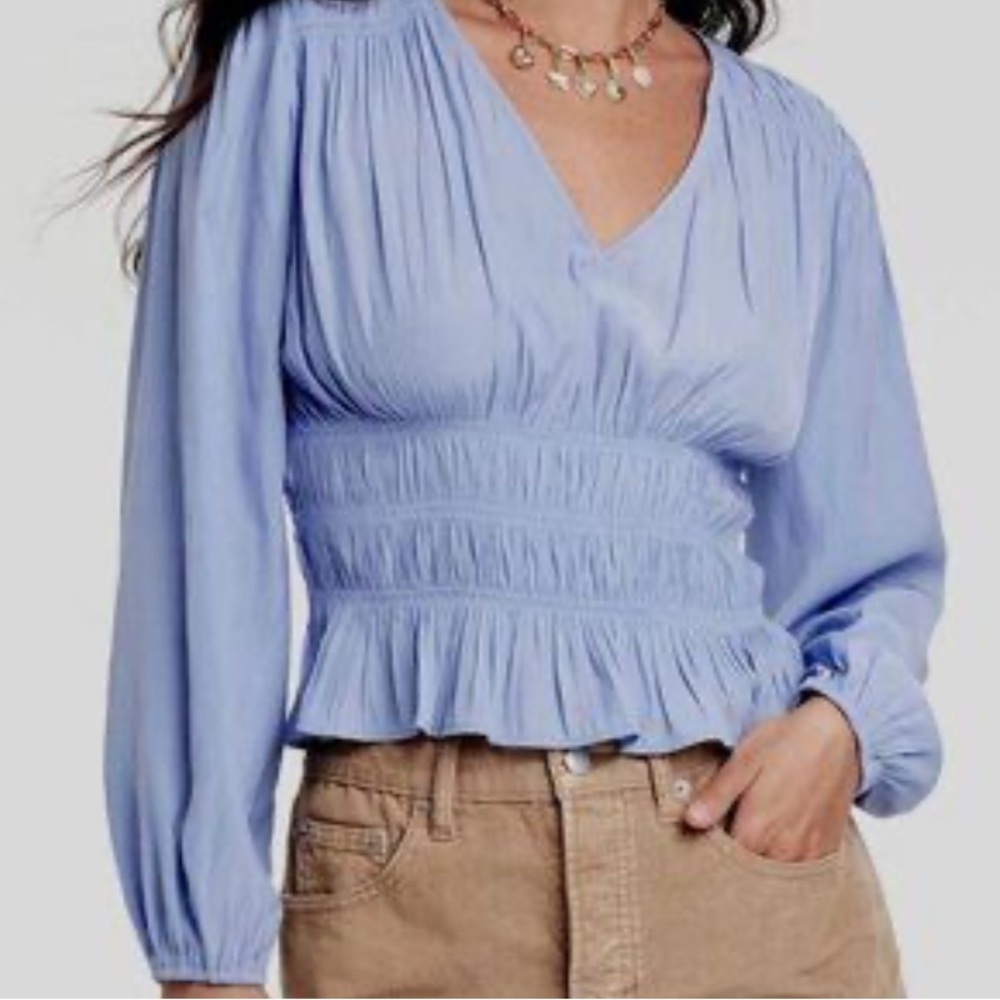 Universal Thread Light Blue Smocked Peplum V-Neck Blouse